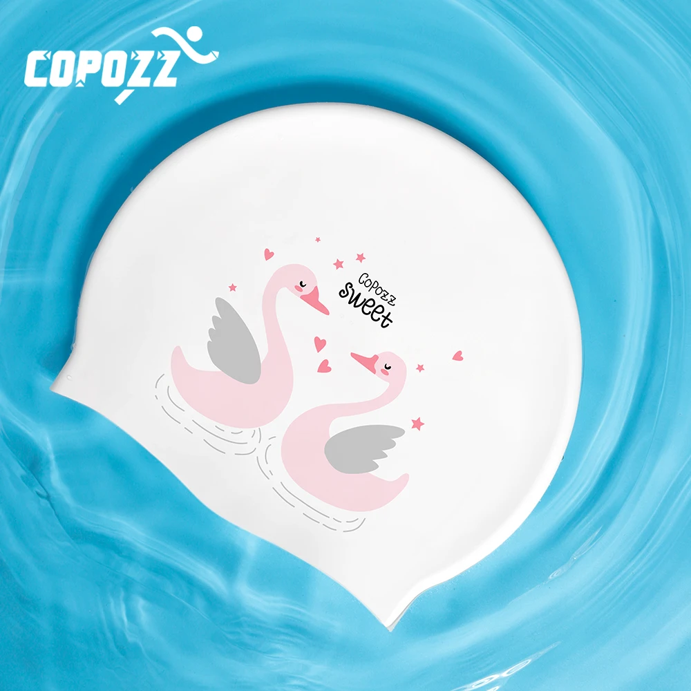 COPOZZ Large Swimming Cap Pool Giraffe Swan Cute Pattern Child Kids Badmuts Waterproof Protect Ears Long Hair Sports Swim Hat