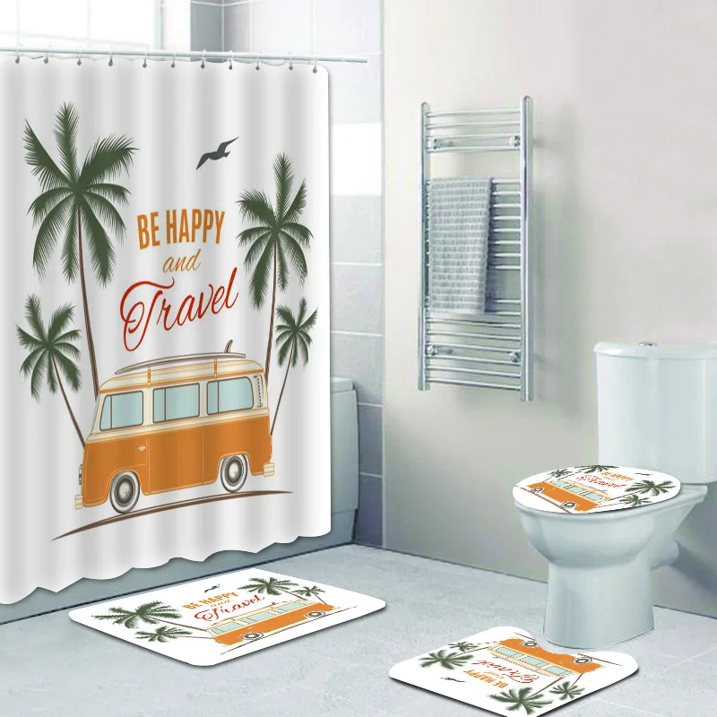 Vintage Retro Surf Van with Palm Bathroom Shower Curtain Set Summer Holiday Car Bus Beach Camper Bath Mats Rugs Home Decor Gift