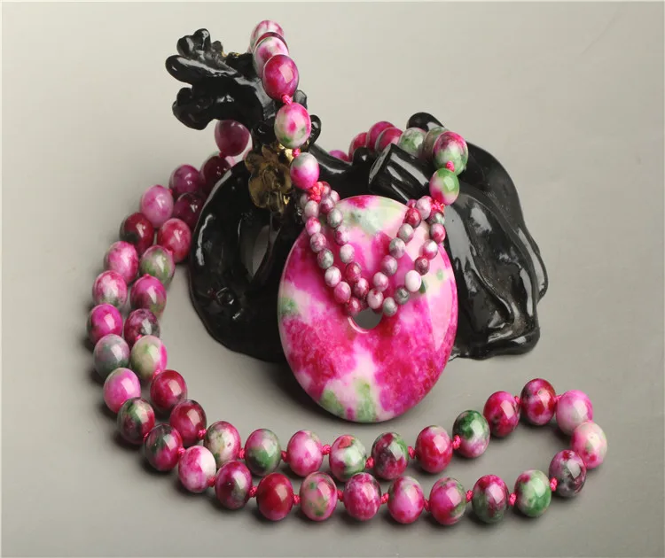 

jade qiu dong with purplish green peach jade long peace clasp pendant round bead sweater chain necklace female joker