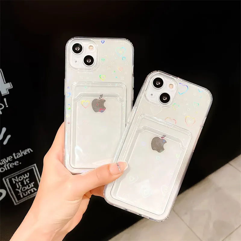 Transparent Gradient Laser Love Heart Wallet Card Bag Phone Case For  iPhone 14 13 12 11 Pro Max XR XS 7 8 6 14 Plus Back Bumper