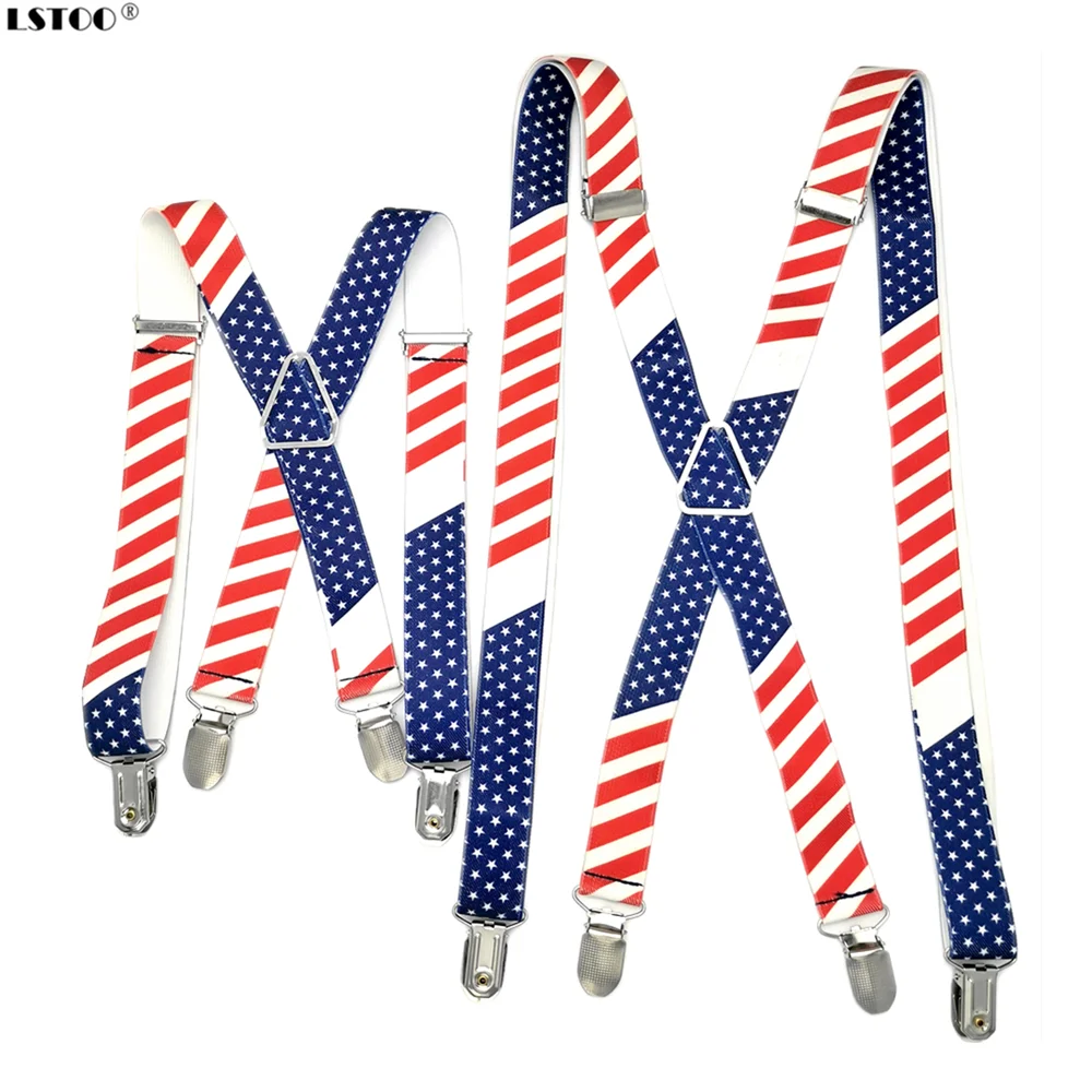 ผู้ปกครอง-เด็ก Suspenders ผู้ชาย USA อเมริการูปแบบธง Unisex 4 Clip-on Braces Elastic Suspenders Mens WOMENS Boys หญิง