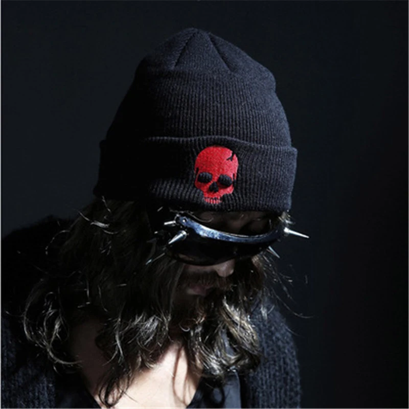 Unisex Winter Acrylic Cartoon Skull Embroidery Knitted Windproof Warm Beanies Cap Men Women Punk Hip Hop Outdoor Cold Hat W137