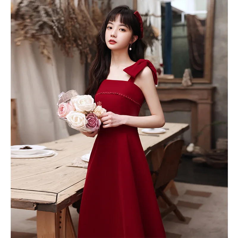 Red Suspender Dress Elegant Sleeveless Slim A Line Party Dresses Female Simple Birthday Evening Gowns Vestidos