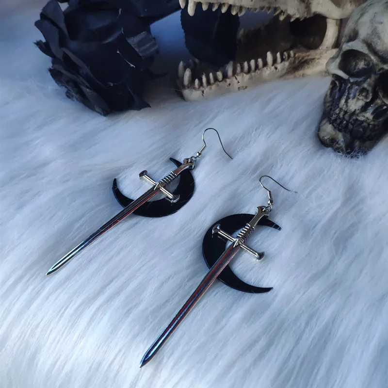 Swords black moon earrings Witchy warrior pagan  gothic medieval silver color Classic warrior gift women 2021 new fashion