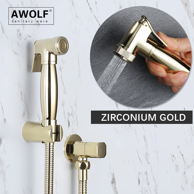 Shiny Light Gold Handheld Toilet Bidet Sprayer Solid Brass Shattaf Zirconium Gold Douche kit Bathroom Washer Shower AP2263