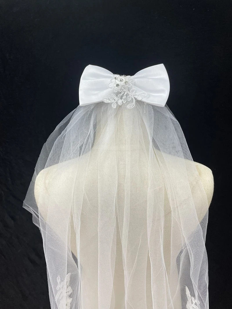 Handmade Double Layer Flower Girls Wedding Veils Cute Bowknot Costume First Communion Short Veil for Bride Wedding Accessories