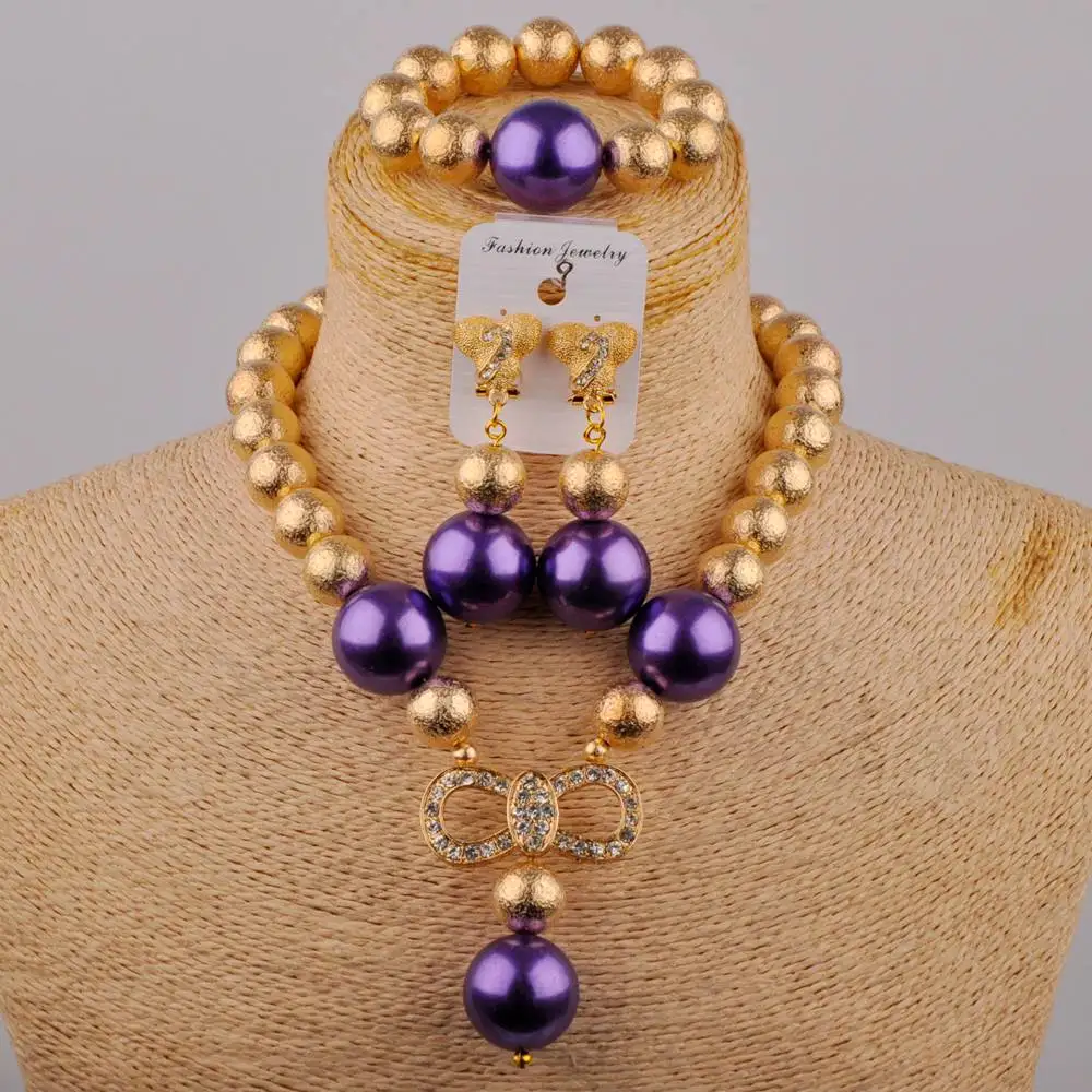 

New African Wedding Female Purple Glass Pearl Necklace Nigerian Bride Wedding Dress Jewelry Wedding Jewelry Set SH-92