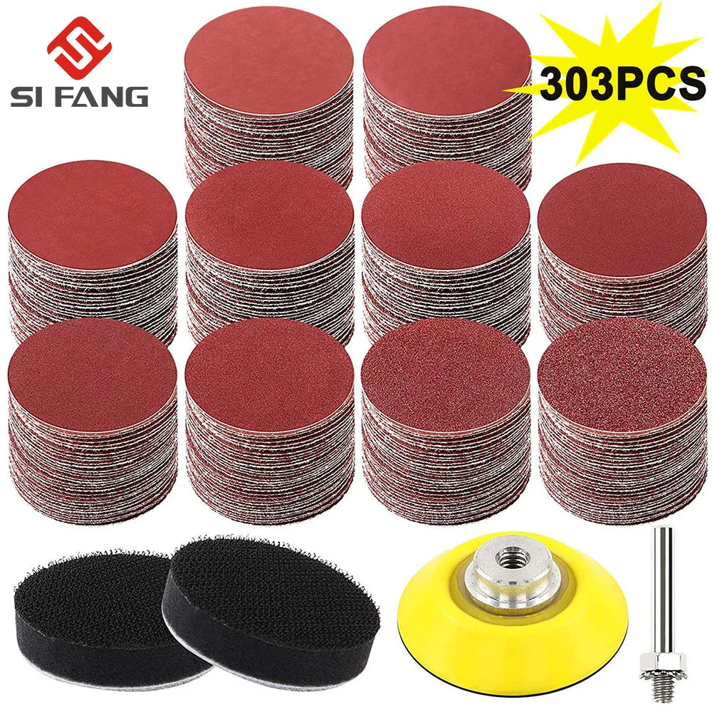 303pcs 2 Inch 50mm Sandpaper Sanding Discs Hook & Loop With 2 Inch Sanding Pad Foam Interface Pad 80-3000Grit