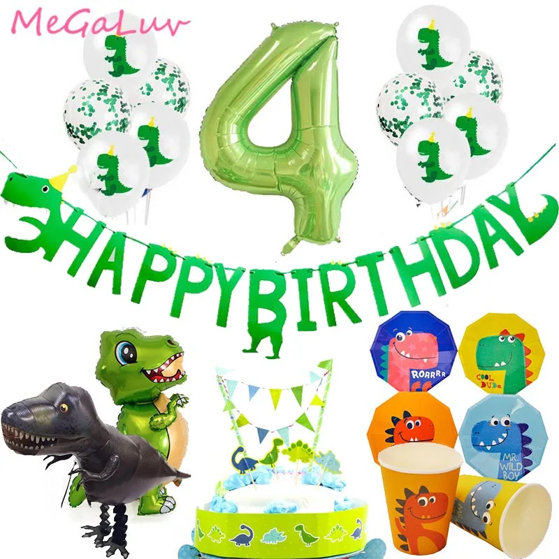 

4th Birthday Dinosaur Party Balloon Disposable Tableware Set Banner Cake Topper 2th 3th 4th Boy Birthday Party Decorations Kids