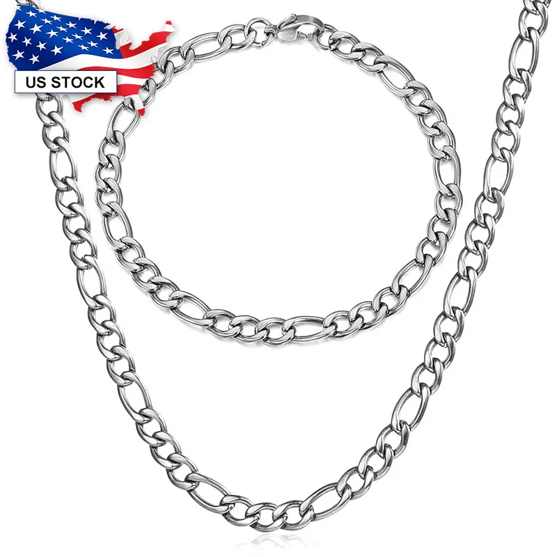 Womens Mens Jewelry Sets 5/7/9mm Stainless Steel Figaro Link Chain Gold Silver Color Necklace Bracelet for Men US Stock LKS261