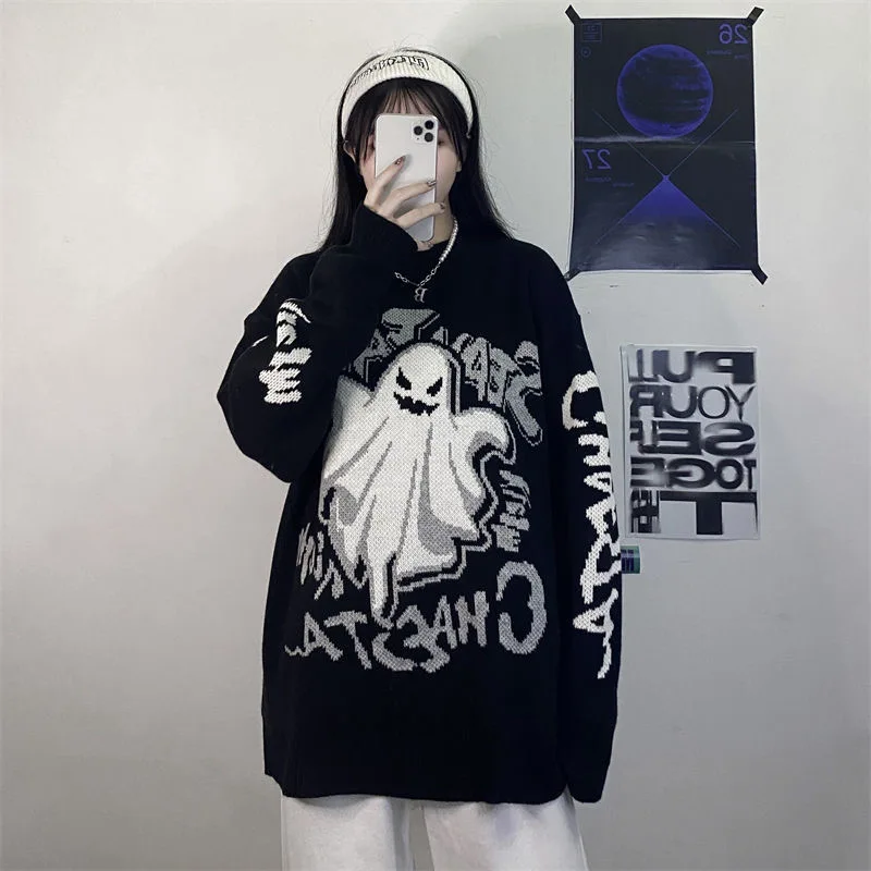 Ponadgabarytowy sweter z dzianiny z nadrukiem kreskówkowym, ciepły sweter na co dzień, sweter Horror, płaszcz vintage, wersja koreańska, moda na