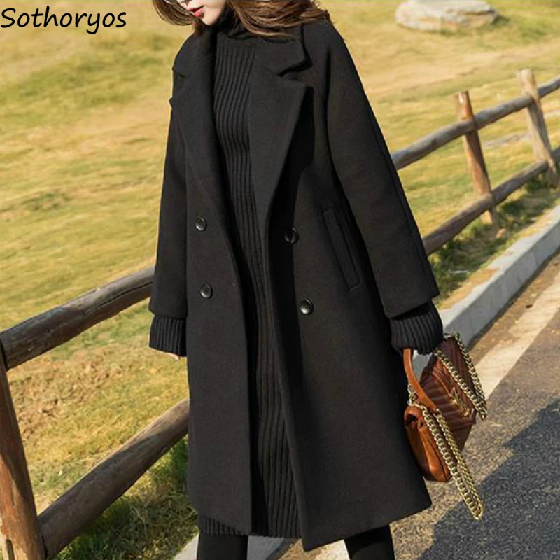 Blends Coats Women Thickening Wool Double Breasted Females Simple Temperament All-match Solid Trendy Korean Style Long Coat New