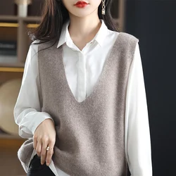 Hot Sale 100% Pure Australian Wool Knitted Sleeveless Women Sweaters Vneck Loose Thick Warm Knitwears 6Colors Female Vest