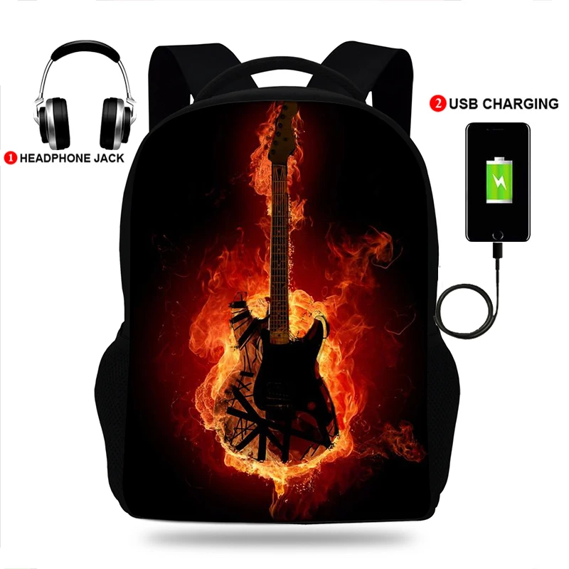 17inch Electric Guitar Print Backpacks Usb Charging SchoolBags for Girls&Boys Orthopedic Backbag Mochila Escolar Book Bag