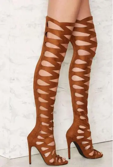 Drop Shipping Hot Woman Summer Black Brown Gladiator Cuts Out Over The Knee Boots Buckles Stiletto Heels Thigh High Long Boots