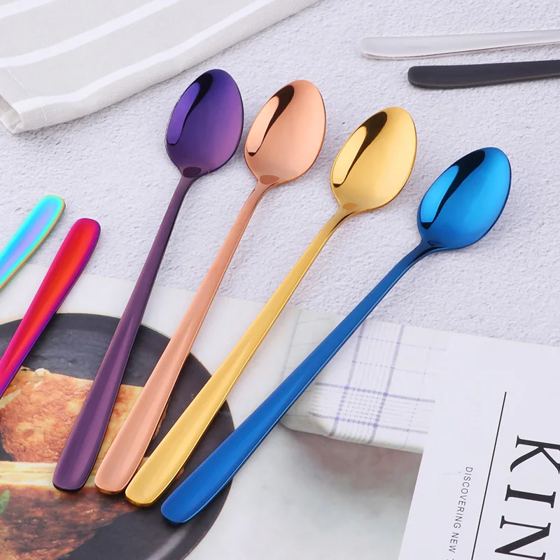 18/10 Stainless Steel Rainbow Ice Spoons With Long Handle Mirror Polished Mixing Stirring Drink Ice Cream Dessert Tea Spoon