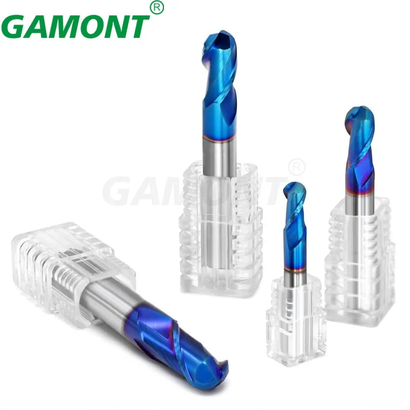 GAMONT HRC70 블루 나노 코팅 텅스텐 스틸 카바이드 밀링 커터, CNC 기계 가공, 특수 볼 엔드 엔드밀 도구, 2 플루트