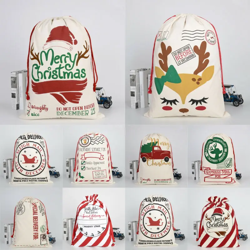 Xmas Large Christmas Stockings Bags Sacks Hessian Santa Gift Sack Decoration Bag Candy Present Storage Drawstring Bag 11 Styles