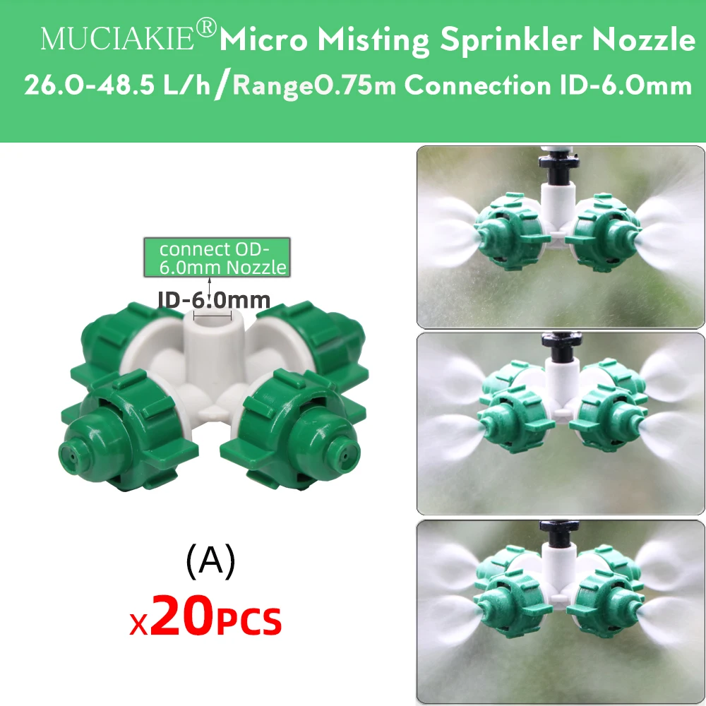 MUCIAKIE 20PCS 26-48 L/h Cross Misting Nozzles 4/1''Barb ID-6.0mm Tee Garden Sprinklers Fog Spray-head Greenhouse Cooling