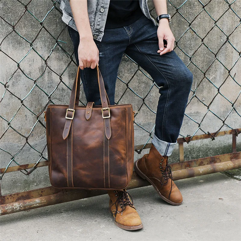 Fashion retro genuine leather men work tote bag casual natural crazy horse cowhide handbag designer large capacity shoulder bag