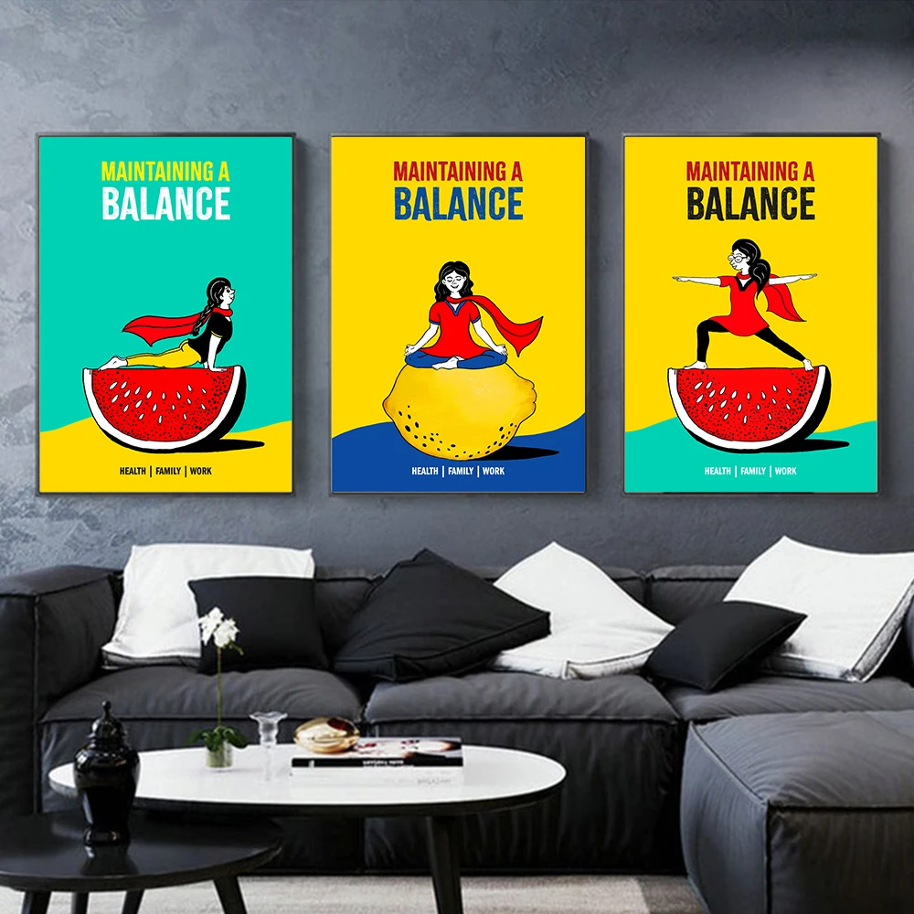 Maintaining a Balance Yoga Health Poster Fruit Watermelon Lemon Canvas Painting Wall Art Picture for Living Room Home Decoration