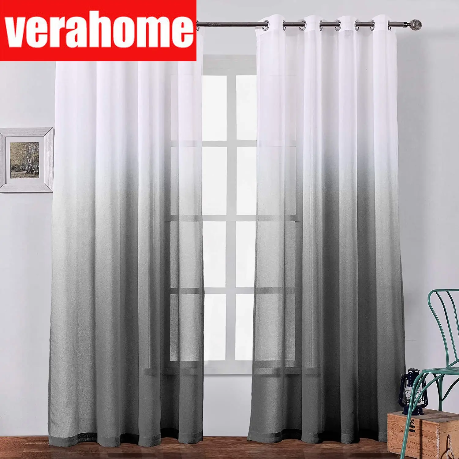 Black Gray Gradient Sheer Curtains  for Bedroom Living Room  Faux Linen Sheer Voile Semi  Curtains  Grommet Ready