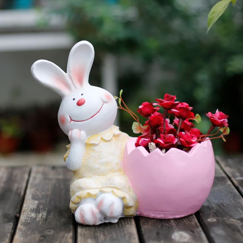 Pastoral Resin Cute Animal Rabbit Flowerpot Ornaments Outdoor Park Figurines Crafts Courtyard Villa Cafe Furnishing Decoration