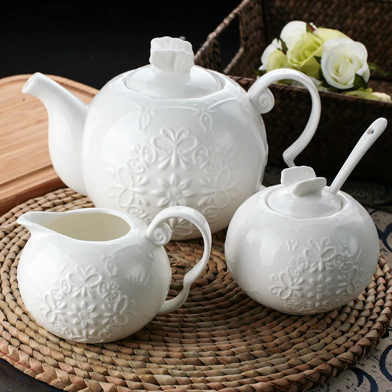 Butterfly Flower Teapot Milk Pot Sugar Pot Set Ceramic Bone Porcelain Pure White Porcelain Afternoon Tea European Lace Coffee