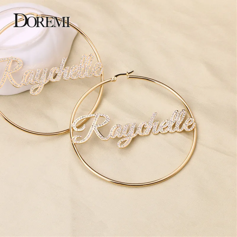 

DOREMI Iced Out Bling Name Earrings Custom Hoop Names Personalized Earrings Letter Big Personalised Name Earrings Women Gift