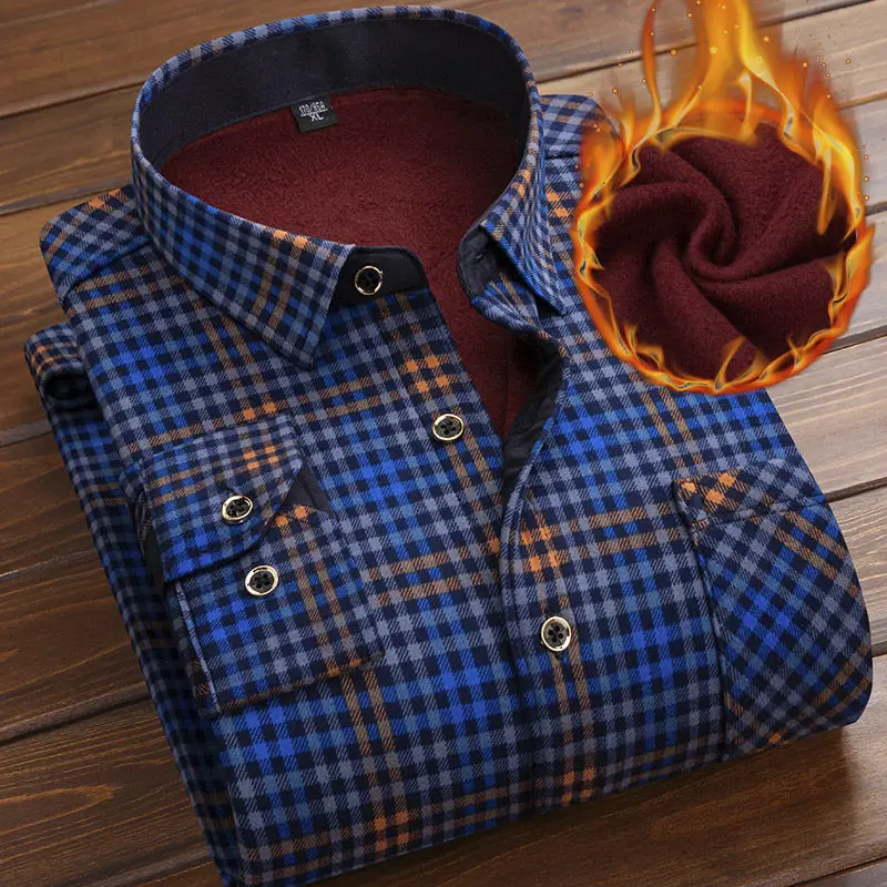 Men\'s Long Sleeve Plaid Shirt, Thick Fleece Lined, Soft Casual Flannel, Warm Dress Shirt, Male, Autumn, Winter, L-5XL, 2024