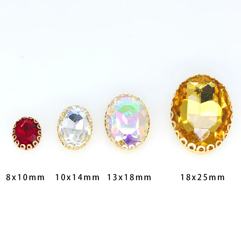 Oval crystal glass rhinestones Flatback sewing crystal glass stone gold base lacy claw with 4 holes Costume jewelry decoration