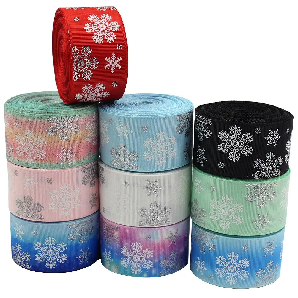 1-1/2 \'\'(38mm) 10Yards Laser argento inchiostro fiocco di neve cartone animato stampato nastro del Grosgrain copricapo fai da te confezione regalo