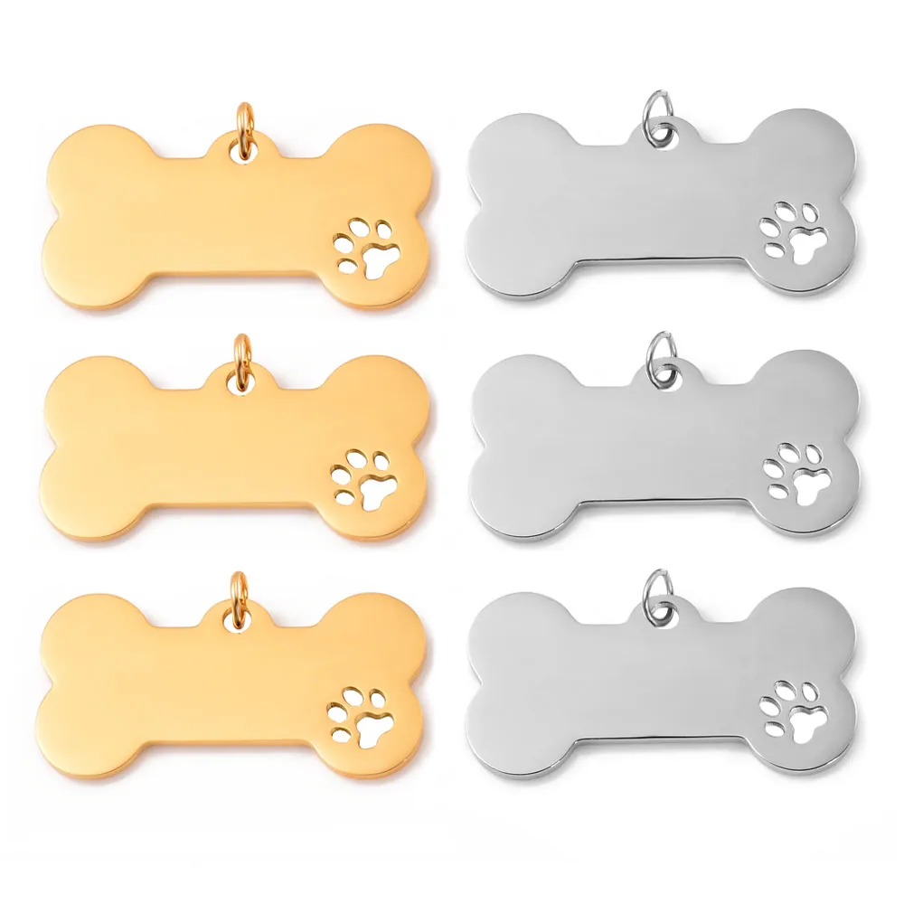 Wholesale 3pcs Stainless Steel 20X40mm Pet Dog Bone Tag Hollow Dog Paw Pendant DIY Charm Accessories Jewelry Findings 2 Colors