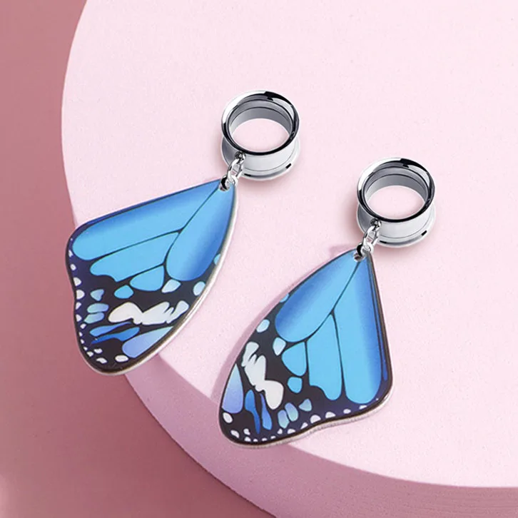2pieces Stainless Steel Ear Piercing Earrings Ear Plugs Tunnels Butterfly Dangle Ear Expansions Ear Reamer Ear Dilations