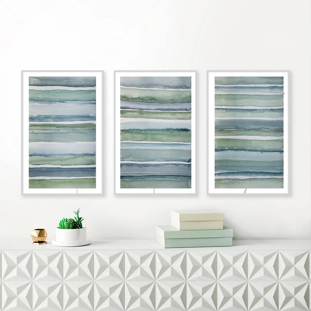 Set of 3 watercolor abstract, original painting green tael blue, geometric lines watercolor abstract, watercolor on paper set,