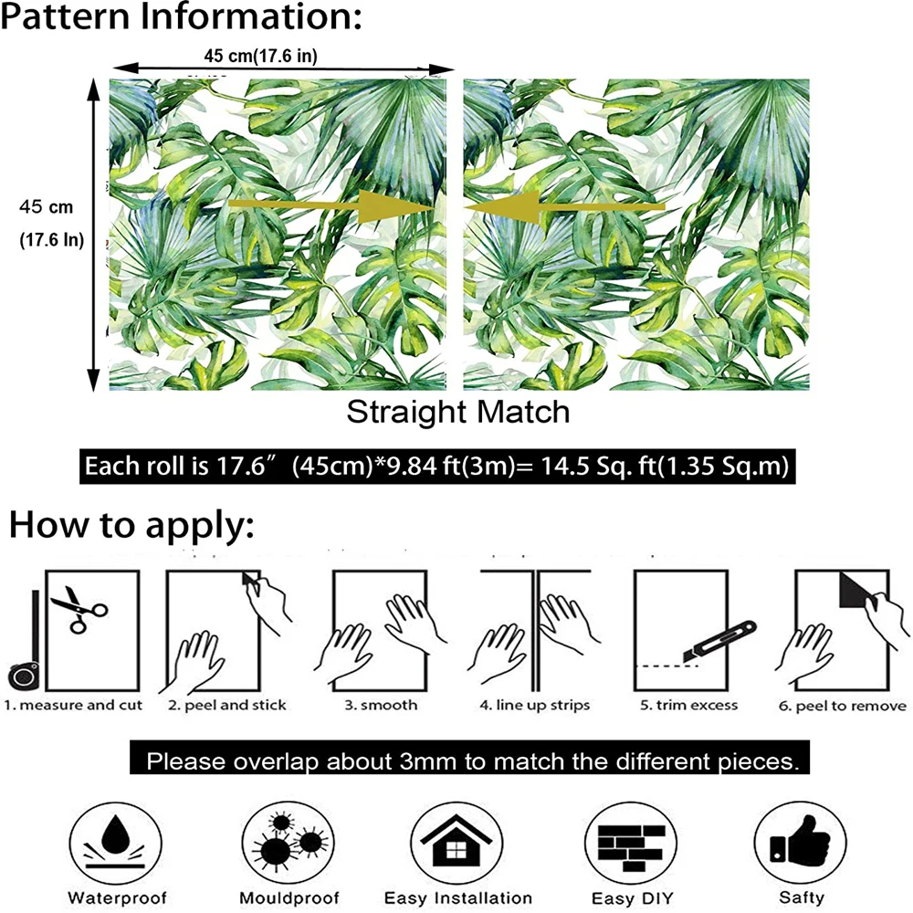 껍질과 스틱 이동식 팜 리프 자체 접착 벽지, 사전 접착 방수 벽지, 레스토랑 벽 장식 스티커
