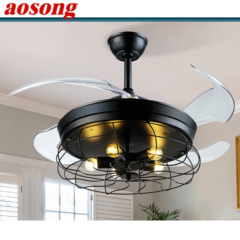 AOSONG Contemporary LED Ceiling Lamp With Fan Black Invisible Fan Blade 220V 110V For Home Dining Room Bedroom Restaurant