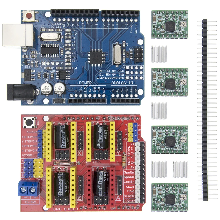 DIY KIT CNC Shield Expansion Board for 3D Printer + 4 x A4988 Stepper Motor Driver with Heat Sink + UNO R3 DIY