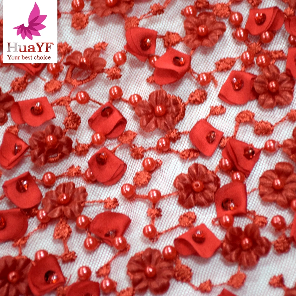 Luxury Red Heavy 3D Flower Mesh Lace HandWork Beaded Tulle Fabrics For Wedding Dress HY1049
