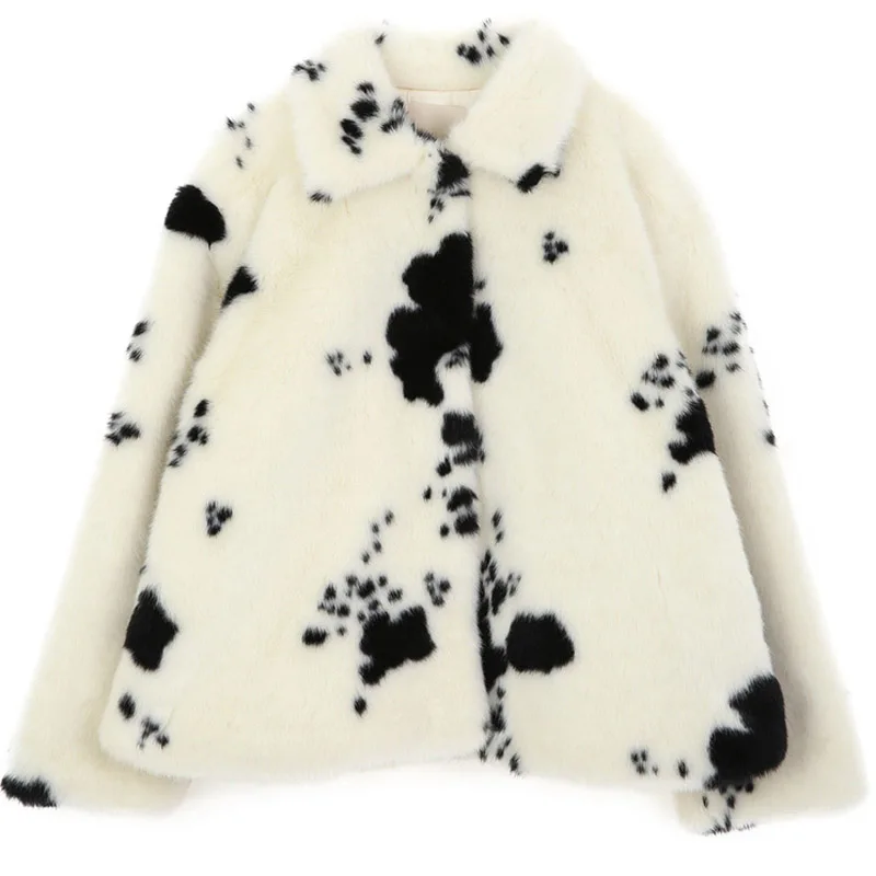 Korean small cow pattern imitation mink fur coat female short thick black and white spotted plush coat