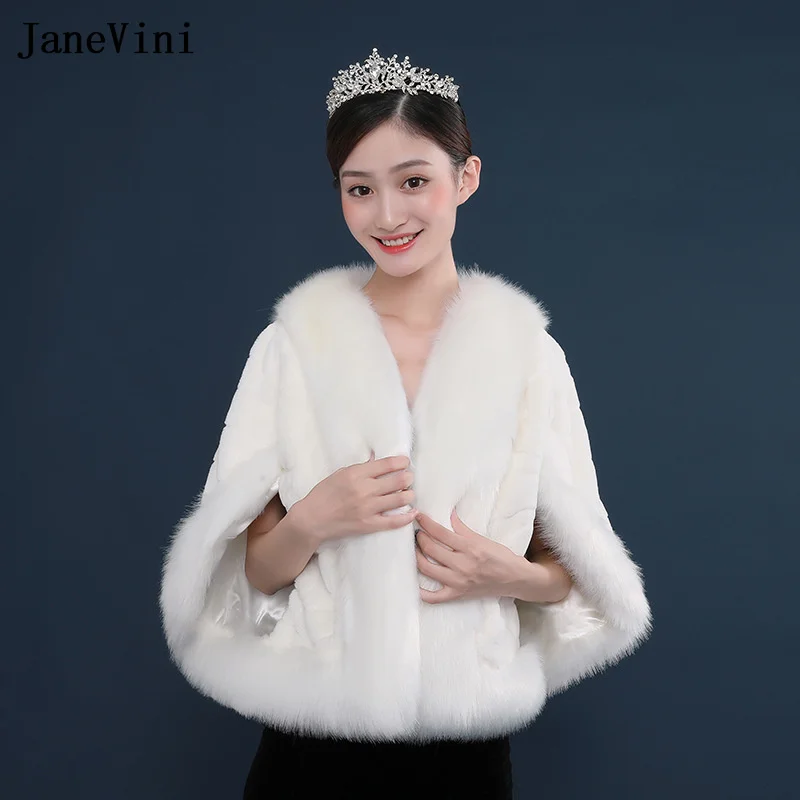 JaneVini Fourrure Blanche Weiß Faux Fur Wrap Winter Hochzeit Cape Braut Bolero Braut Hochzeit Mantel Formale Boleros Stolen Schals