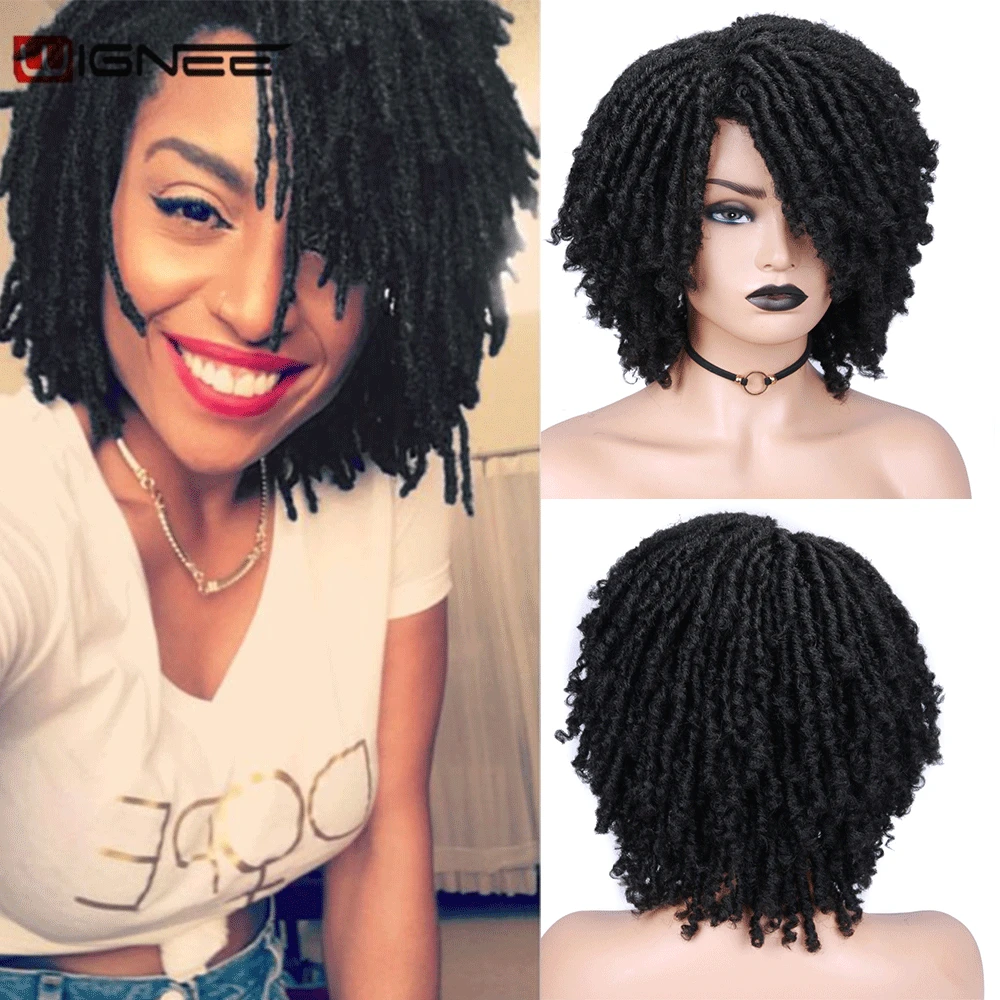 Wignee Short Soft Brown Synthetic Wigs For Women Faux locs Afro Kinky Curly Braiding Hair With Bangs Crochet Twist Hair Wigs