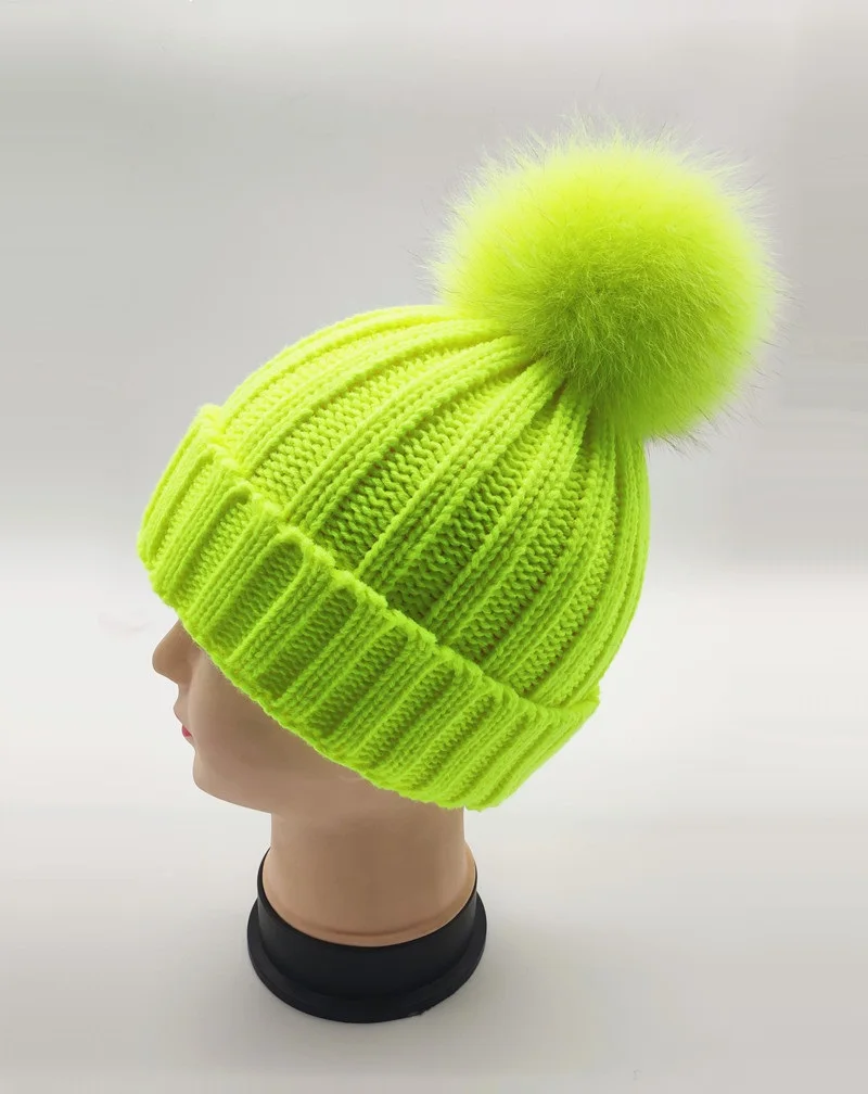 Kid Girl Baby Fluorescein Knitted Beanie Cap Women Man Casual Thick Warm Knitting Skullies Hat Real Fox Fur Pom pom Gorros