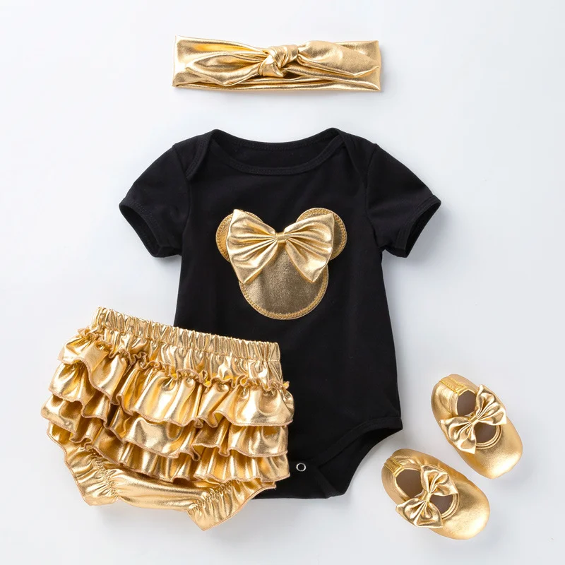 Golden 4pcs Set Baby Girl Clothing Sets Newborn Girls Romper + PP Pants + Headband + Shoes Kids Clothes 2024 New Baby Costumes