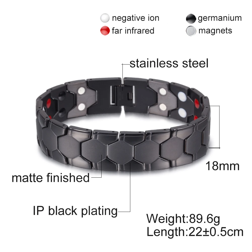 Vinterly Black Magnetic Bracelets Men Brazil Football Health Germanium Energy Male 18mm Wide Stainless Steel Jewelry Waterproof