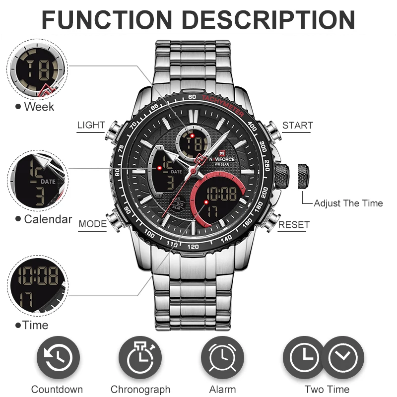 NAVIFORCE Brand Watch Men Stainless Steel Band Waterproof Quartz Wristwatch Big Sports Chronograph Clock Watches Date Male Reloj