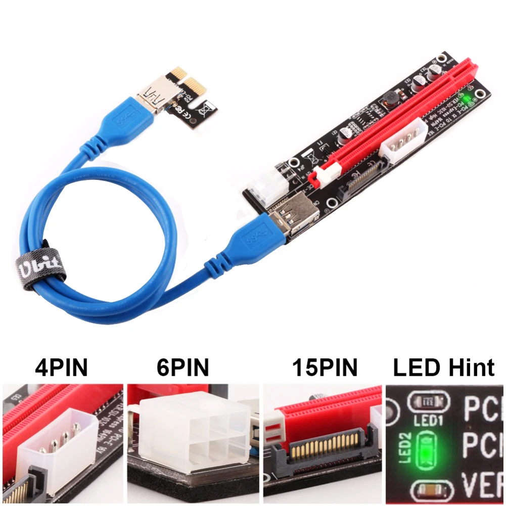 Кабель расширения 6x Ubit PCI-E, Райзер-кабель VER103C, светодиодный Экспресс-адаптер, 4 контакта, 6 контактов, Sata, 15 контактов, 1x до 16x, USB3.0 удлинитель для майнинга биткоинов