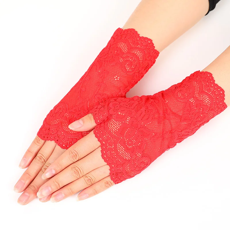 Women\'s Sun-Protection Lace Half Finger Thin Fingerless Gloves