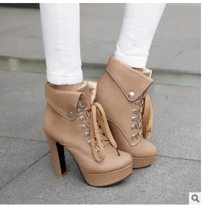 2021 Spring and Autumn Women\'s Boots Folding Lace-up Ankle Boots Waterproof Platform High Heel Boots