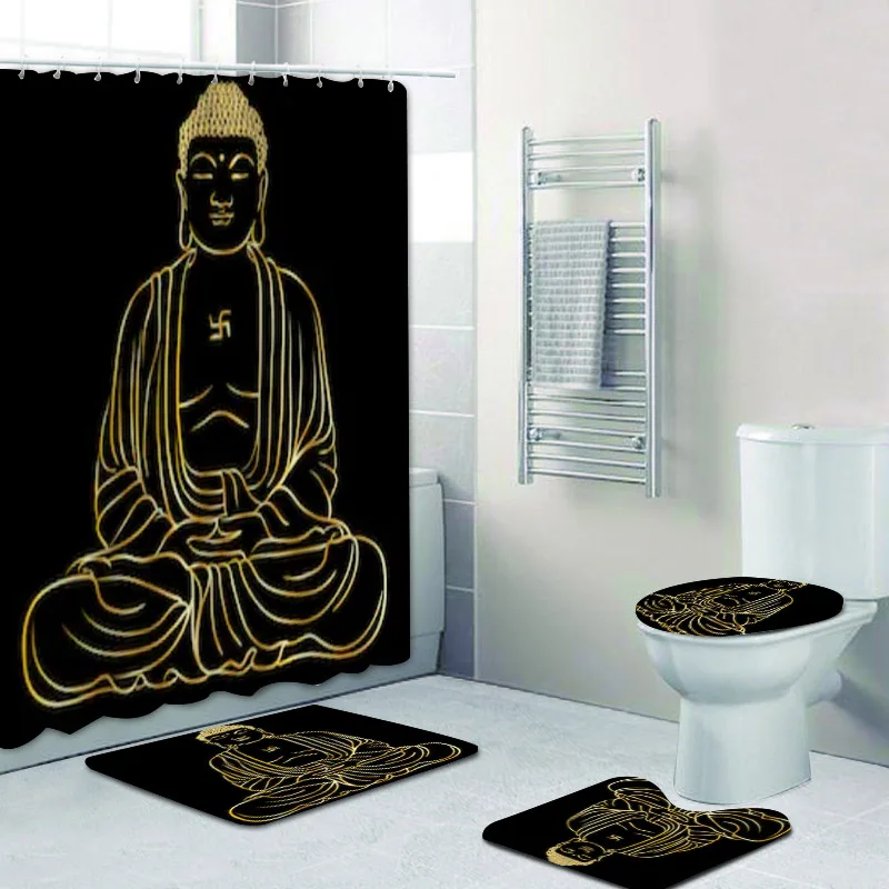 Black Gold Line Art Buddha Statue Buddhism Religion Bath Shower Curtain Bathroom Waterproof Polyester Fabric Curtain and Rug Set